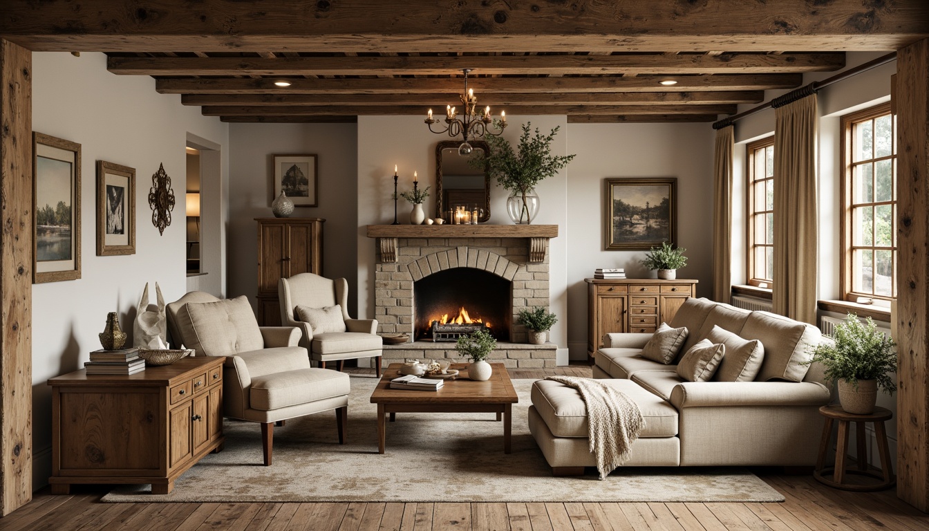 Prompt: Rustic farmhouse, distressed wood furniture, soft beige upholstery, elegant carvings, ornate metalwork, vintage accessories, natural linen fabrics, earthy color palette, warm candle lighting, cozy throw blankets, potted plants, stone fireplace, wooden beam ceiling, classic European-inspired designs, luxurious velvet textures, refined tufted patterns, sophisticated curved silhouettes.