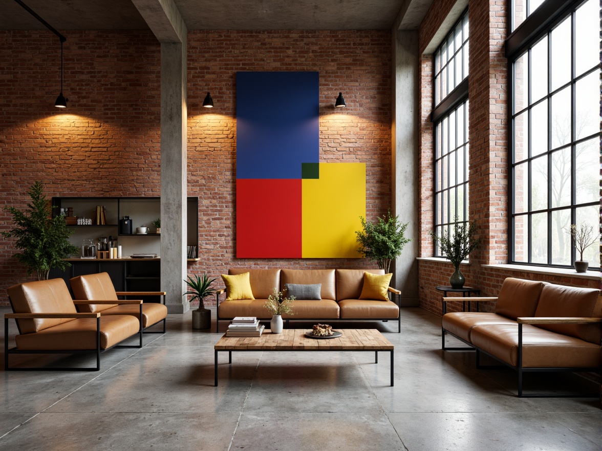 Prompt: Bauhaus-inspired interior, industrial chic, exposed brick walls, polished concrete floors, minimalist decor, primary color accents, bold geometric patterns, tubular steel furniture, leather upholstery, reclaimed wood textures, Edison bulb lighting, natural materials, earthy tones, neutral backgrounds, pops of bright red, blue and yellow, functional simplicity, clean lines, modernist aesthetic, urban loft atmosphere, high ceilings, large windows, abundant natural light, soft warm glow, shallow depth of field, 1/2 composition, realistic textures.