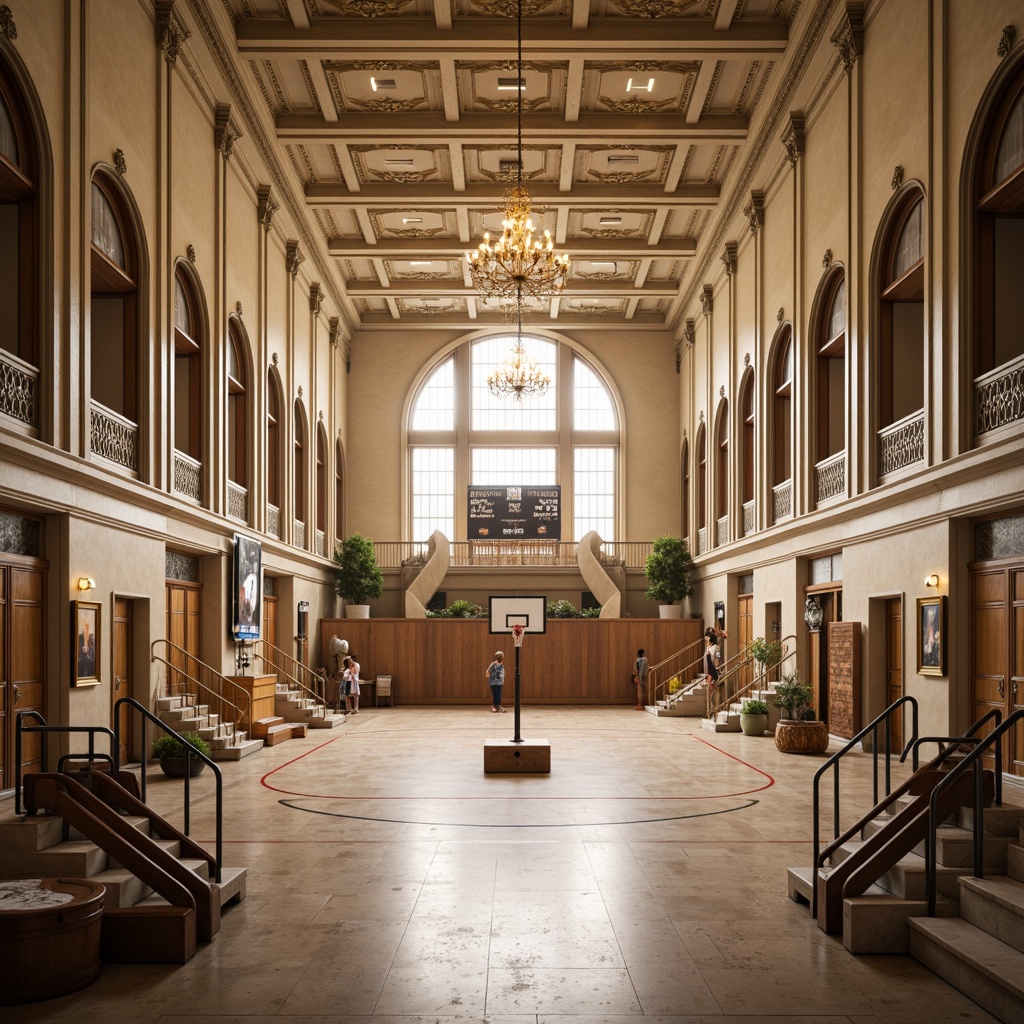 Prompt: Grand gymnasium hall, high ceiling, ornate chandeliers, neoclassical columns, intricate moldings, marble floors, wooden sports equipment, basketball hoops, athletic tracks, vintage-inspired scoreboard, stately staircases, decorative railings, arched windows, classical pilasters, subtle lighting, warm beige color scheme, shallow depth of field, 1/2 composition, symmetrical framing, realistic textures, ambient occlusion.