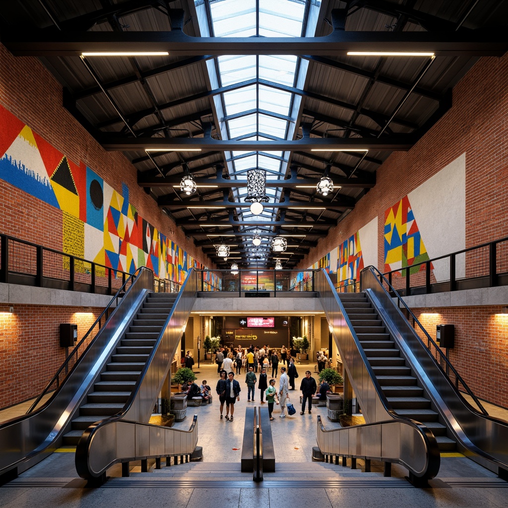 Prompt: Vibrant metro station, eclectic architectural style, exposed brick walls, industrial metal beams, ornate tile work, grand staircases, sleek modern escalators, colorful mosaic art, stylish lighting fixtures, geometric pendant lamps, LED strip lights, neon signs, urban cityscape, bustling commuters, rush hour atmosphere, shallow depth of field, 1/1 composition, high-contrast lighting, realistic textures, ambient occlusion.