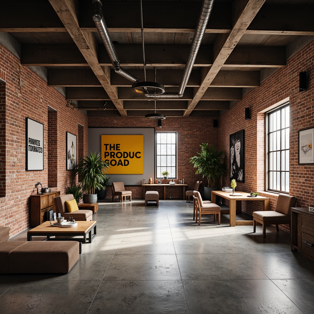 Prompt: Exposed brick walls, industrial steel beams, polished concrete floors, reclaimed wood accents, minimalist metal furniture, functional pipes, modernist typography, bold color blocking, rectangular forms, clean lines, urban loft atmosphere, natural light pouring in, high ceilings, open floor plans, abstract geometric patterns, distressed textures, contrasting materials, brutalist architecture, avant-garde ambiance, moody warm lighting, shallow depth of field, 1/1 composition, realistic renderings.