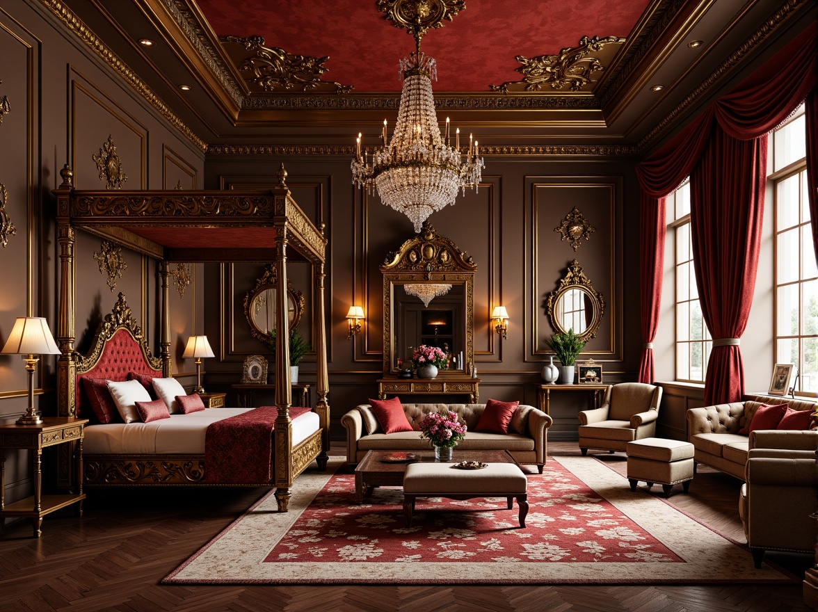 Prompt: Ornate apartment interior, rich velvet fabrics, gilded wooden furniture, intricately carved ornaments, luxurious crystal chandeliers, majestic four-poster beds, plush tufted sofas, ornamental mirrors, golden leaf accents, lavish drapery, grandiose proportions, symmetrical compositions, soft warm lighting, dramatic shadows, 1/1 composition, realistic textures, ambient occlusion.