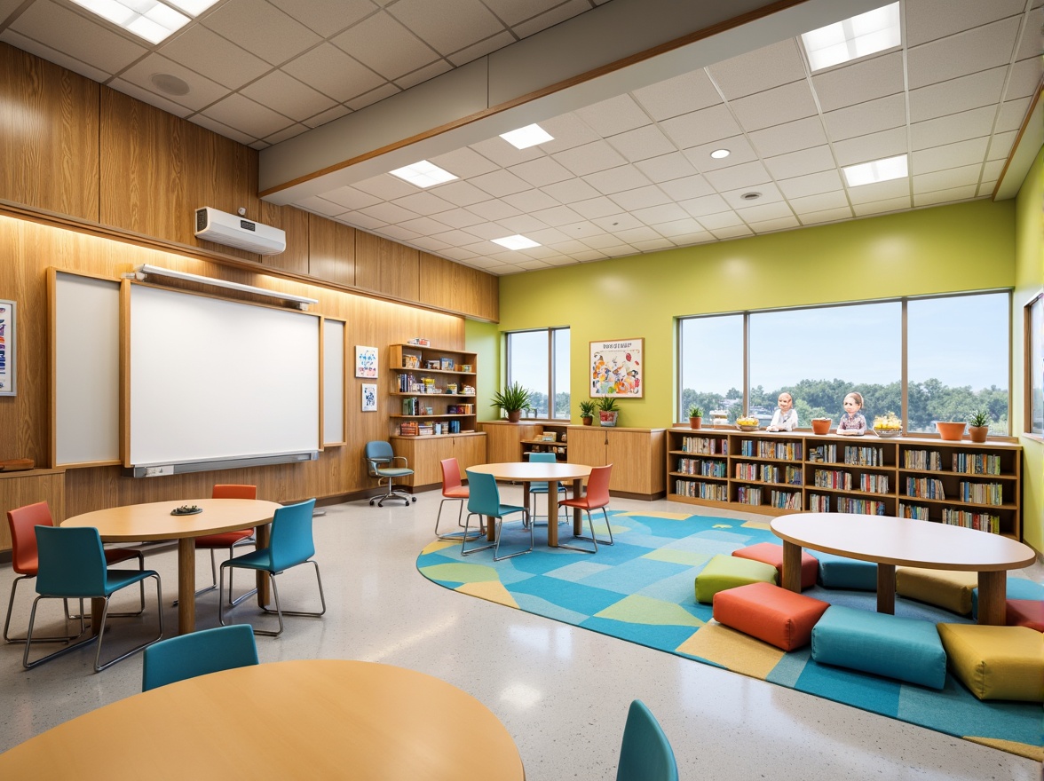 Prompt: Vibrant elementary school classrooms, ergonomic chairs, adjustable desks, collaborative workstations, colorful storage bins, interactive whiteboards, educational posters, natural wood accents, soft cushioned reading nooks, comfortable floor pillows, circular tables, flexible seating arrangements, durable polypropylene shells, sturdy metal frames, UV-resistant plastics, sustainable recycled materials, pastel-colored walls, softbox lighting, 1/1 composition, shallow depth of field, realistic textures.