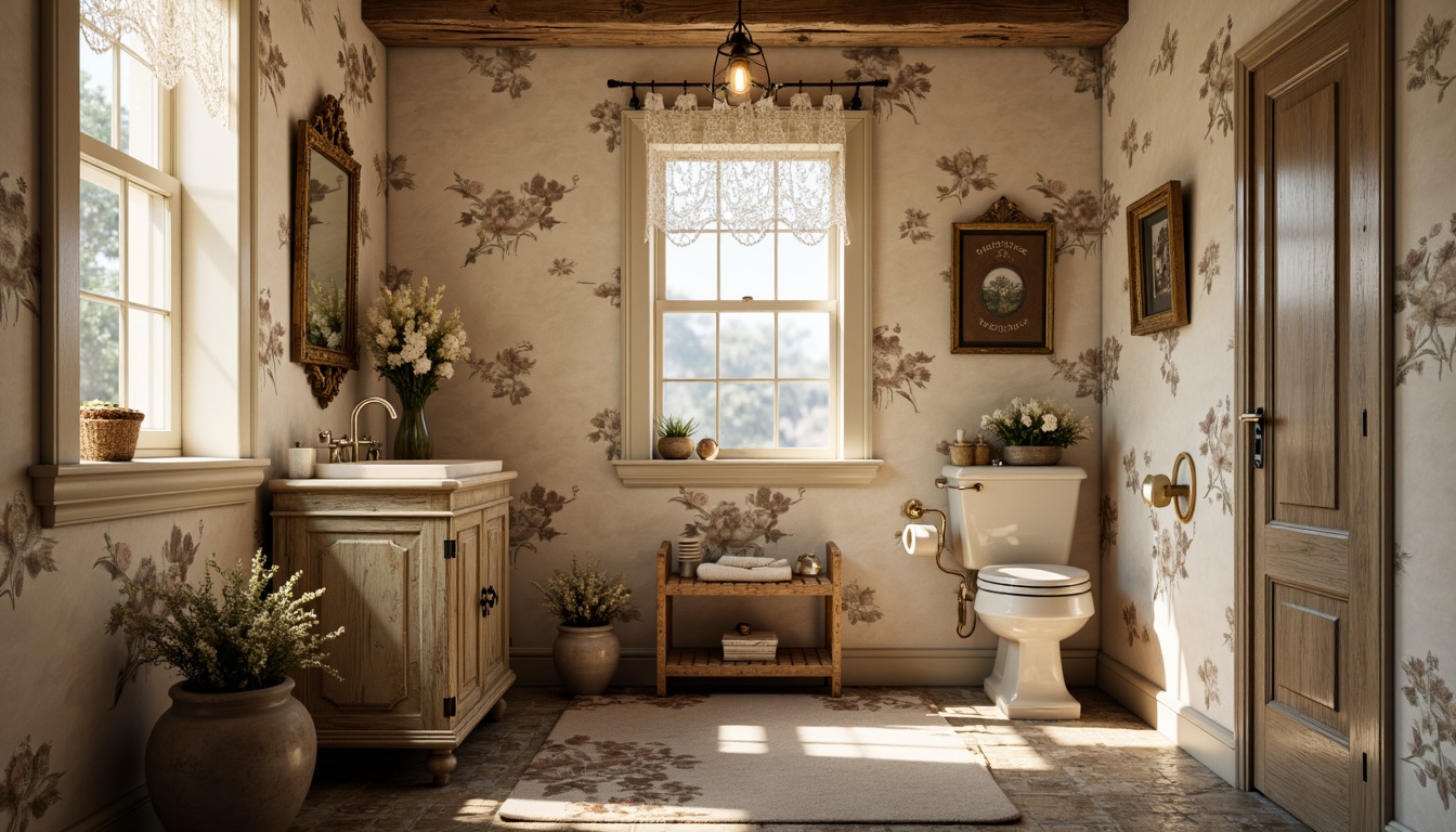 Prompt: Rustic French country powder room, soft warm lighting, distressed wood furniture, ornate mirrors, elegant gold accents, vintage floral patterns, delicate lace trim, cream-colored walls, distressed stone floors, antique decorative accessories, feminine touches, romantic ambiance, natural textures, earthy tones, subtle sheen, 1/1 composition, intimate close-up shots, realistic renderings, ambient occlusion.