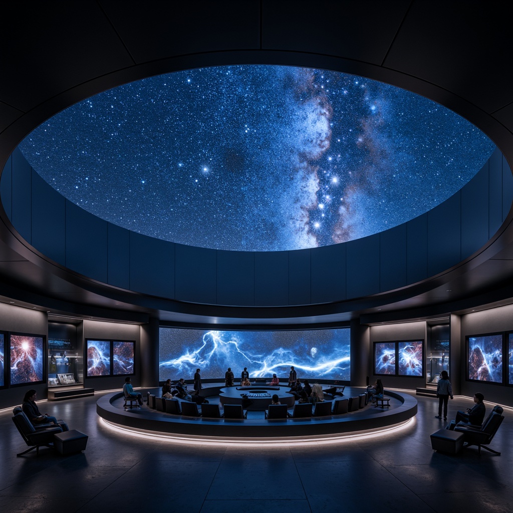 Prompt: Minimalist planetarium interior, open space design, starry night sky projection, dark blue tone, sleek metallic accents, circular seating arrangement, ambient soft lighting, futuristic sound system, interactive exhibits, celestial body models, galaxy patterns, nebula-inspired textures, simple color palette, monochromatic scheme, subtle gradients, clean lines, geometric shapes, empty space emphasis, 1/1 composition, shallow depth of field, realistic rendering, atmospheric effects.