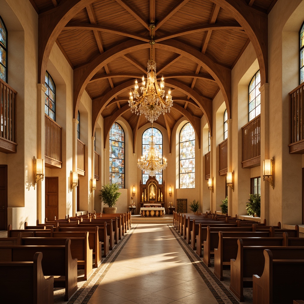 Prompt: Serene sanctuary, warm beige walls, rich wood accents, stained glass windows, soft golden lighting, elegant chandeliers, comfortable pews, ornate altars, subtle cross patterns, calming atmosphere, natural stone floors, earthy tone carpets, gentle color transitions, 1/2 composition, warm focal point, realistic textures, ambient occlusion.