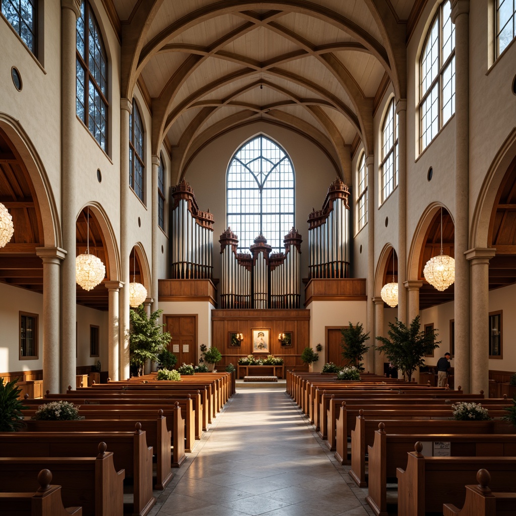 Prompt: Contemporary church interior, high ceilings, stained glass windows, ornate wooden pews, elegant chandeliers, warm ambient lighting, subtle color temperatures, softbox lights, LED strips, dramatic accent lights, vaulted arches, intricate stone carvings, grand pipe organs, serene atmosphere, natural daylight, diffused light, 1/2 composition, symmetrical framing, warm beige tones, rich wood accents.