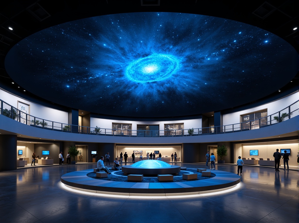 Prompt: Celestial planetarium, minimalistic design, open space, dark blue ceiling, starry night sky projection, spherical dome, futuristic seating, sleek metal railings, ambient LED lighting, polished concrete floor, modern astronomy equipment, interactive exhibits, 3D visualization screens, minimalist decor, neutral color palette, subtle textures, soft focus, shallow depth of field, panoramic view.