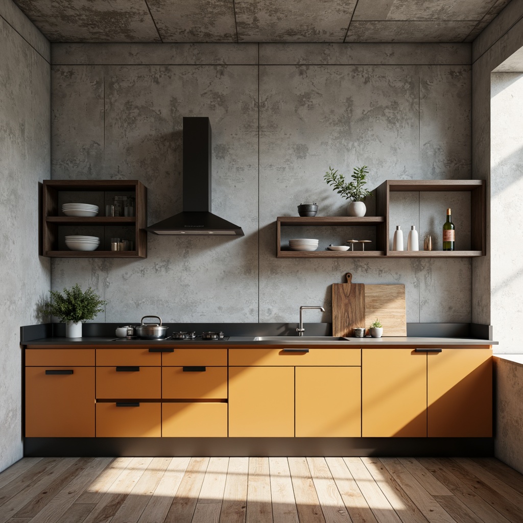 Prompt: Minimalist kitchen, industrial chic, raw concrete walls, steel cabinetry, functional handles, open shelving, geometric shapes, primary color accents, matte finishes, stainless steel countertops, wooden flooring, natural light, airy atmosphere, 1/1 composition, softbox lighting, subtle shadows, realistic materials, ambient occlusion.