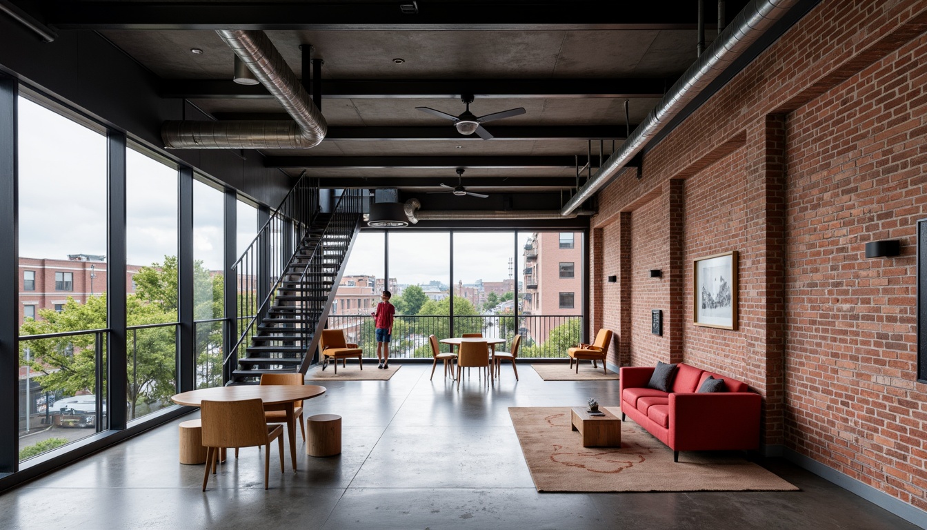 Prompt: Exposed brick walls, steel beams, industrial pipes, concrete floors, metal staircases, minimalist decor, functional furniture, bold color accents, geometric shapes, urban landscape views, cloudy day, soft natural lighting, shallow depth of field, 2/3 composition, symmetrical balance, realistic textures, ambient occlusion.