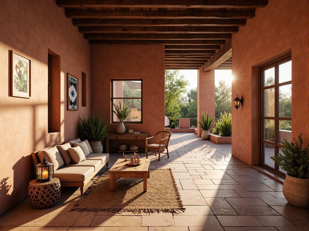 Prompt: Adobe earthy tones, warm terracotta walls, natural sandstone floors, woven jute rugs, reclaimed wooden accents, vintage Native American patterns, rustic metal lanterns, lush greenery, potted cacti, sun-kissed windows, soft warm lighting, shallow depth of field, 3/4 composition, panoramic view, realistic textures, ambient occlusion, Southwestern-inspired decor, earthy color palette, cozy intimate spaces, inviting ambiance.