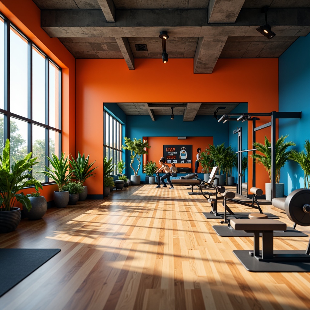 Prompt: Vibrant home gym, bold color blocks, energetic orange tones, calming blue accents, contrasting black and white equipment, wooden flooring, motivational quotes, natural light pouring in, large mirrors, state-of-the-art machines, comfortable seating areas, refreshing green plants, modern minimalist decor, uplifting warm lighting, shallow depth of field, 1/1 composition, realistic textures.