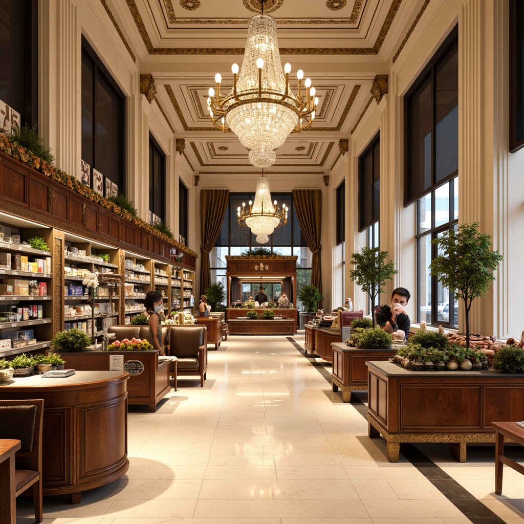 Prompt: Elegant grocery store interior, neoclassical columns, ornate moldings, cream-colored marble floors, decorative ceiling medallions, grand crystal chandeliers, wooden shelving units, antique bronze display cases, luxurious velvet drapes, intricately carved wooden furniture, gilded accents, rich brown leather upholstery, ornamental metalwork, refined glass cabinets, soft warm lighting, shallow depth of field, 1/2 composition, realistic textures, ambient occlusion.