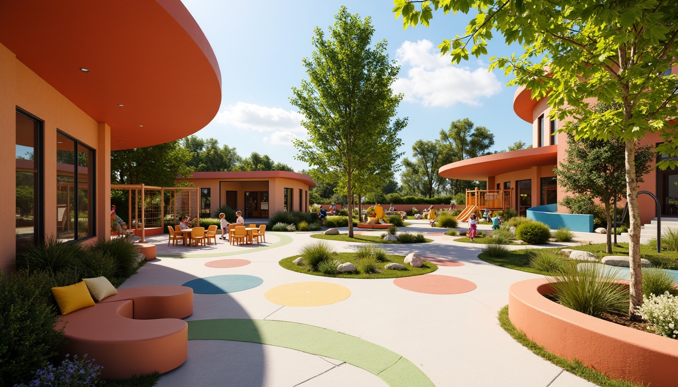 Prompt: Vibrant kindergarten playground, modern streamline architecture, curved lines, rounded shapes, bold color schemes, playful patterned flooring, natural wood accents, minimalist furniture, ergonomic play equipment, interactive sensory walls, cozy reading nooks, soft cushioned seating areas, abundant greenery, leafy plants, sunny day, warm ambient lighting, shallow depth of field, 3/4 composition, panoramic view, realistic textures, ambient occlusion.