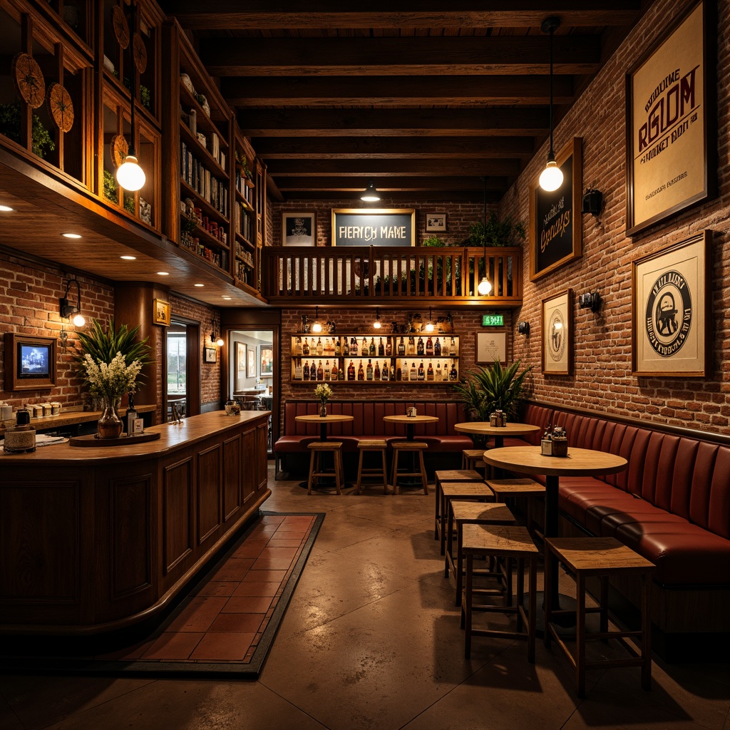 Prompt: Cozy pub atmosphere, warm wooden tones, rich leather accents, earthy color scheme, rustic brick walls, dimmed lighting, comfortable seating areas, traditional British decor, vintage beer signs, ornate wooden bars, classic ale taps, nostalgic ambiance, soft warm glow, shallow depth of field, 2/3 composition, realistic textures, ambient occlusion.