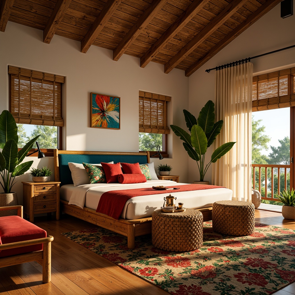 Prompt: Vibrant tropical bedroom, rattan furniture, natural wood accents, woven textiles, palm tree-inspired patterns, bright floral arrangements, colorful exotic rugs, plush velvet pillows, bamboo blinds, louvered windows, warm golden lighting, shallow depth of field, 1/1 composition, realistic wood grain textures, ambient occlusion.