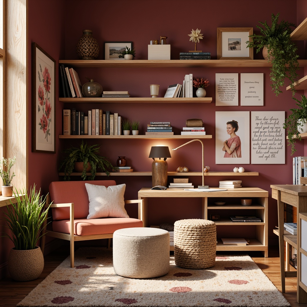 Prompt: Rich plum hues, warm beige tones, soft peach accents, natural wood textures, cozy craft nook, plush area rug, comfortable seating, ample storage shelves, organized supply stations, creative inspiration boards, vintage decorative items, warm task lighting, soft ambient glow, 1/1 composition, shallow depth of field, realistic shadows, inviting atmosphere.