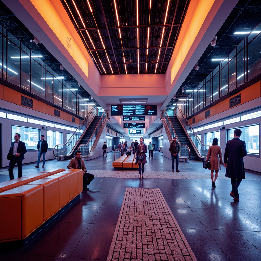 Prompt: Vibrant metro station, modern architecture, bold color accents, neon lights, sleek metallic surfaces, futuristic atmosphere, urban landscape, busy commuters, escalators, staircases, ticketing machines, information boards, geometric patterns, mosaic tiles, bright LED signs, dynamic lighting effects, shallow depth of field, 1/2 composition, realistic textures, ambient occlusion.