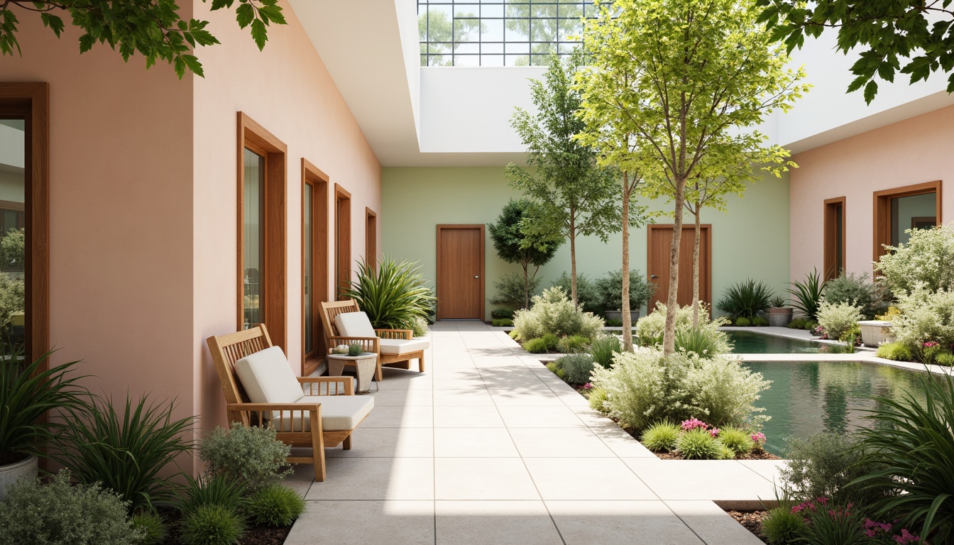 Prompt: Calming medical facility, soothing color scheme, gentle pastel hues, soft peach tones, muted sage green, creamy whites, warm beige accents, natural wood textures, comfortable seating areas, peaceful waiting rooms, serene outdoor gardens, lush greenery, blooming flowers, calming water features, gentle ambient lighting, shallow depth of field, 3/4 composition, realistic renderings, ambient occlusion.