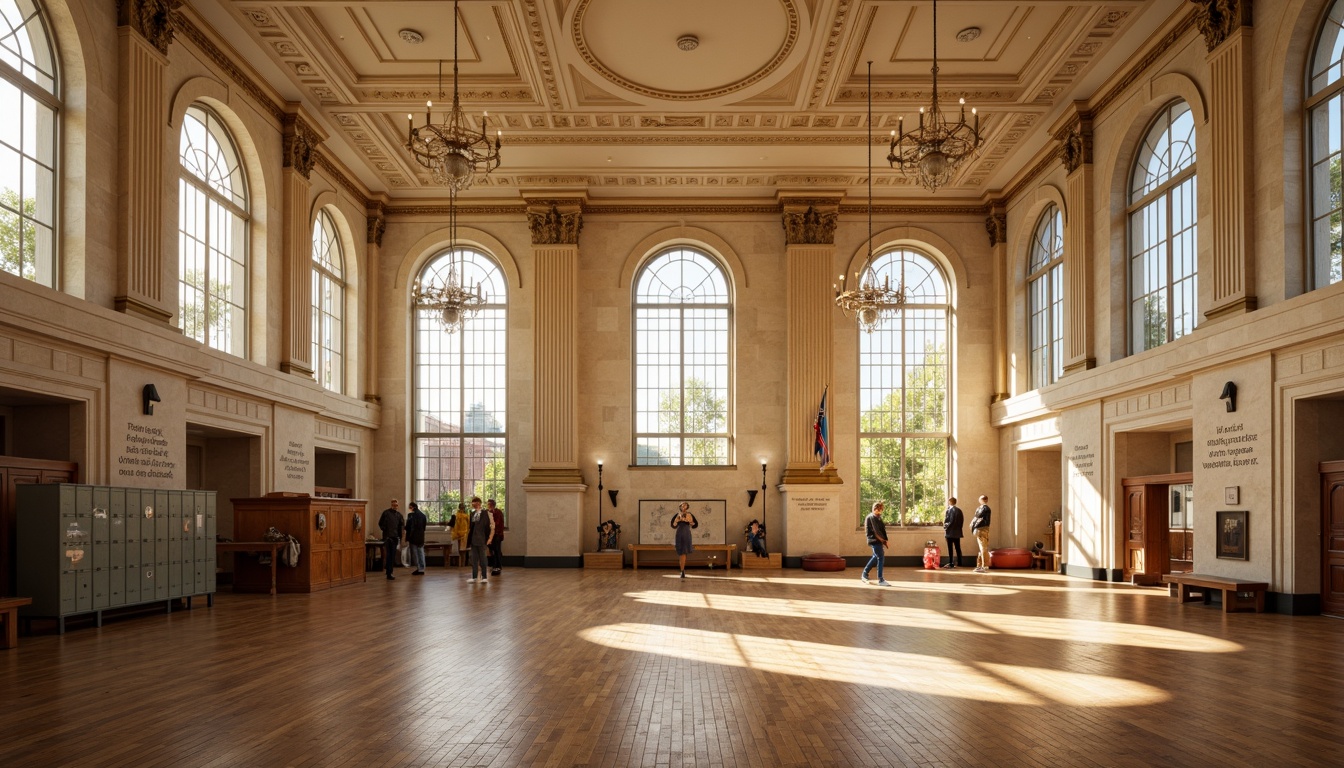 Prompt: Majestic gymnasium, neoclassical architecture, grandiose columns, ornate details, warm beige stone walls, rich wood flooring, vintage athletic equipment, nostalgic lockers, motivational quotes, natural light pouring in, large arched windows, creamy white ceilings, elegant chandeliers, soft warm lighting, 1/2 composition, realistic textures, ambient occlusion.