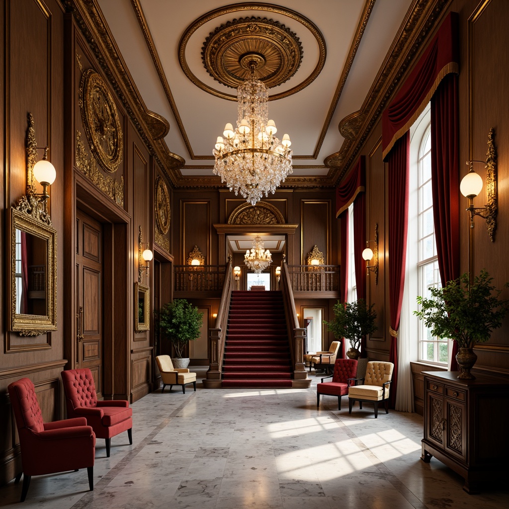 Prompt: Ornate chandeliers, crystal drops, gold leaf accents, velvet drapes, marble flooring, grand staircases, intricate moldings, rich wood paneling, tufted upholstery, classic columns, ornamental mirrors, symmetrical compositions, soft warm lighting, subtle shadows, 1/1 composition, realistic textures, ambient occlusion.