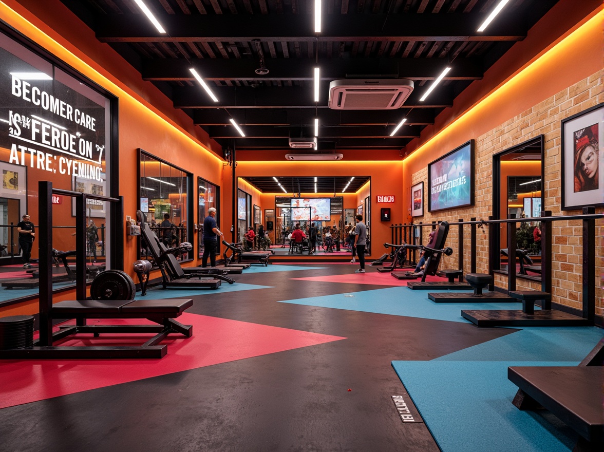 Prompt: Vibrant home gym, bold color accents, motivational quotes, modern fitness equipment, sleek metal frames, rubber flooring, bright LED lighting, energetic atmosphere, warm wood tones, natural stone walls, large mirrors, open space layout, industrial-chic decor, abstract geometric patterns, dynamic 3/4 composition, shallow depth of field, realistic textures, ambient occlusion.