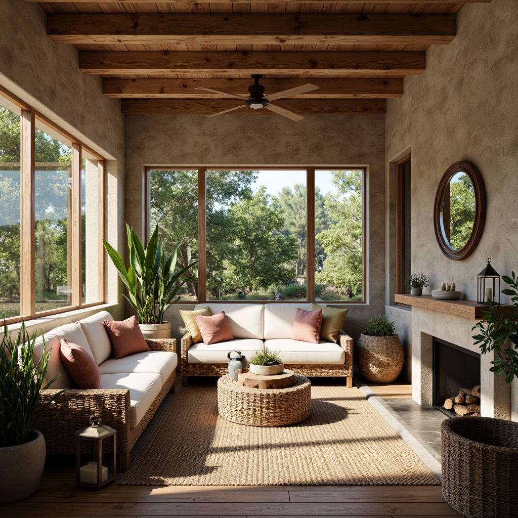 Prompt: Rustic sunroom interior, wooden beam ceiling, natural stone walls, earthy tone color palette, distressed wood flooring, woven wicker furniture, plush throw pillows, vintage metal lanterns, potted greenery, natural textiles, warm cozy atmosphere, soft diffused lighting, shallow depth of field, 1/1 composition, realistic materials, ambient occlusion.