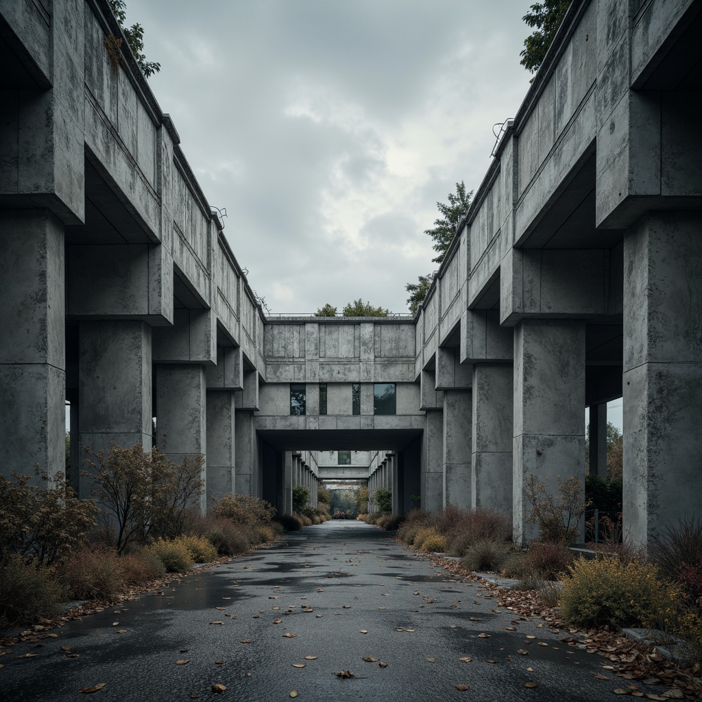 Prompt: Exposed concrete walls, rugged textures, raw industrial materials, fortress-like structures, monumental scale, dramatic cantilevers, bold geometric forms, angular lines, minimalist ornamentation, functional simplicity, brutal honesty, cold atmospheric lighting, deep shadows, stark contrasts, 3/4 composition, low-angle shots, gritty realistic textures, ambient occlusion.