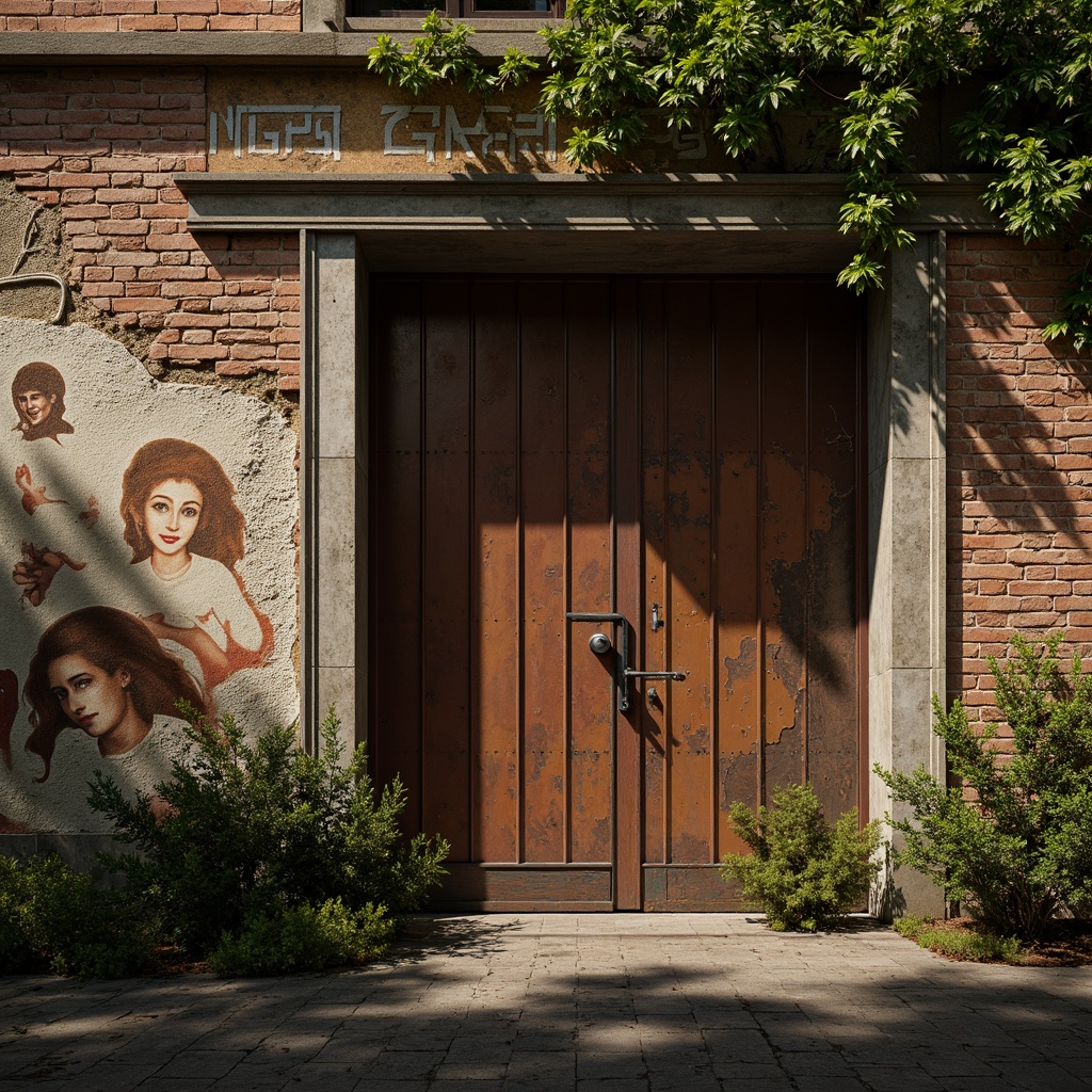 Prompt: Distressed stonewall, rough-hewn granite, weathered brick facade, worn wooden planks, rusty metal panels, crumbling concrete, faded mural paintings, ivy-covered walls, moss-filled crevices, warm golden lighting, high-contrast shadows, cinematic composition, shallow depth of field, atmospheric perspective, realistic textures, ambient occlusion.