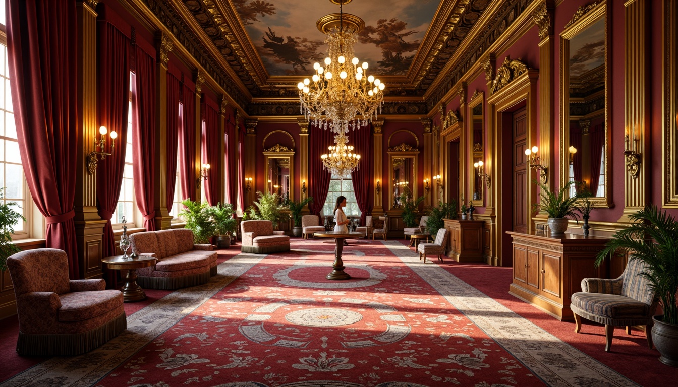 Prompt: Luxurious velvet drapes, ornate gold frames, richly patterned carpets, lavish wooden furnishings, intricately carved chairs, regal thrones, opulent chandeliers, majestic archways, grandiose mirrors, sumptuous marble countertops, gilded accents, elaborate frescoes, dramatic ceiling murals, warm golden lighting, shallow depth of field, 1/1 composition, symmetrical arrangement, ornate decorative elements, intricate moldings, lavish upholstery, aristocratic atmosphere.