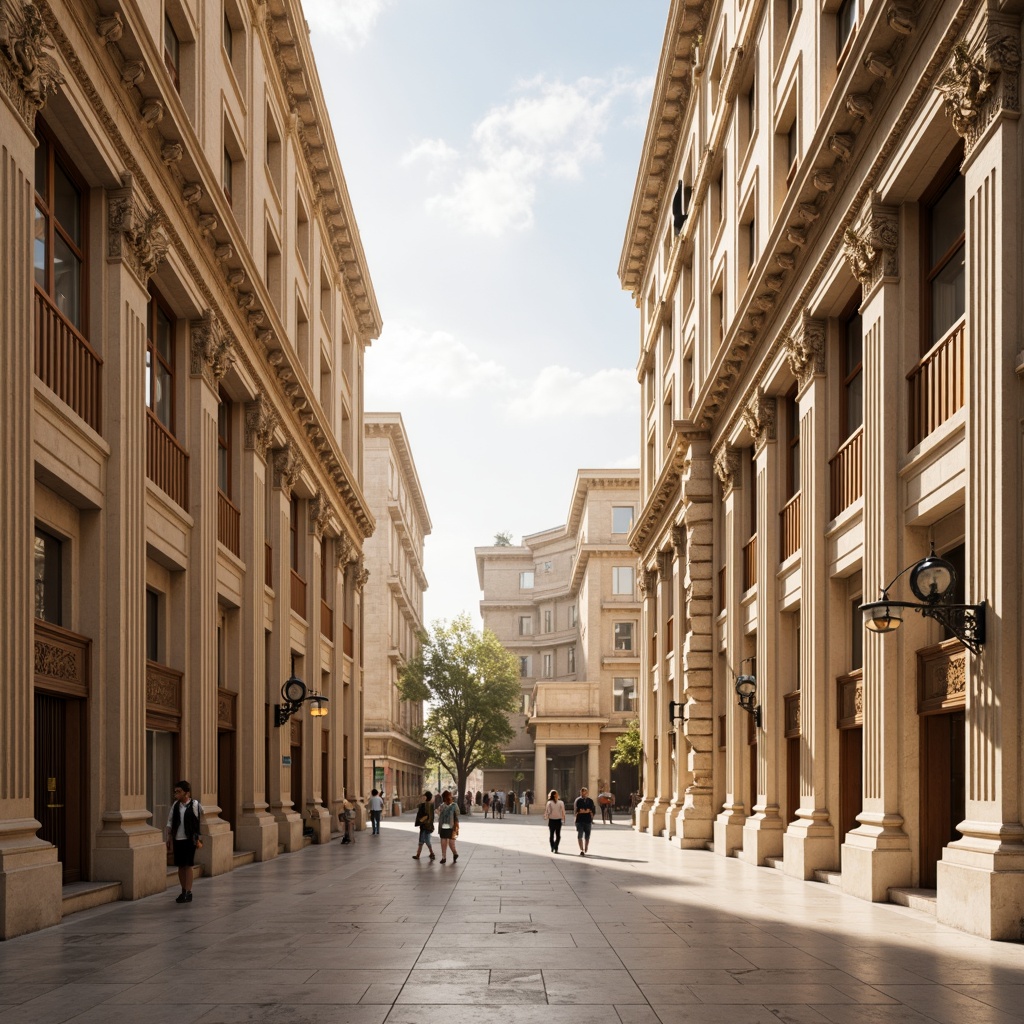 Prompt: Majestic neoclassical buildings, ornate columns, carved stonework, warm beige walls, rich wood tones, gilded accents, soft cream marble, subtle gradient skies, afternoon sunlight, gentle warm lighting, shallow depth of field, 1/2 composition, symmetrical framing, realistic textures, ambient occlusion.Let me know if this meets your requirements!