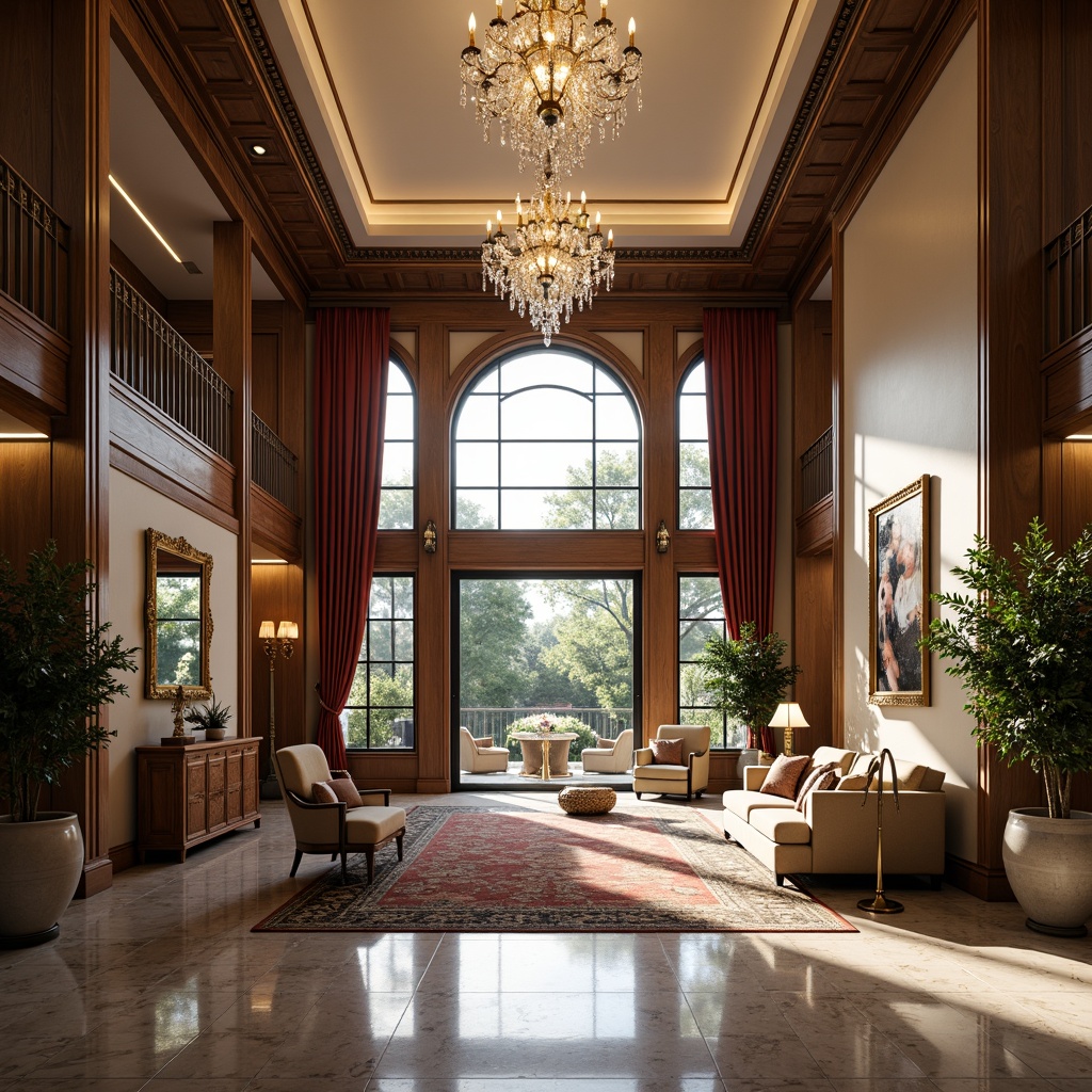 Prompt: Opulent mansion, grand foyer, marble flooring, crystal chandeliers, lavish furnishings, velvet drapes, gold accents, ornate mirrors, intricate moldings, luxurious fabrics, plush area rugs, rich wood paneling, sleek modern architecture, expansive open spaces, floor-to-ceiling windows, natural light pouring in, soft warm lighting, shallow depth of field, 3/4 composition, realistic textures, ambient occlusion.