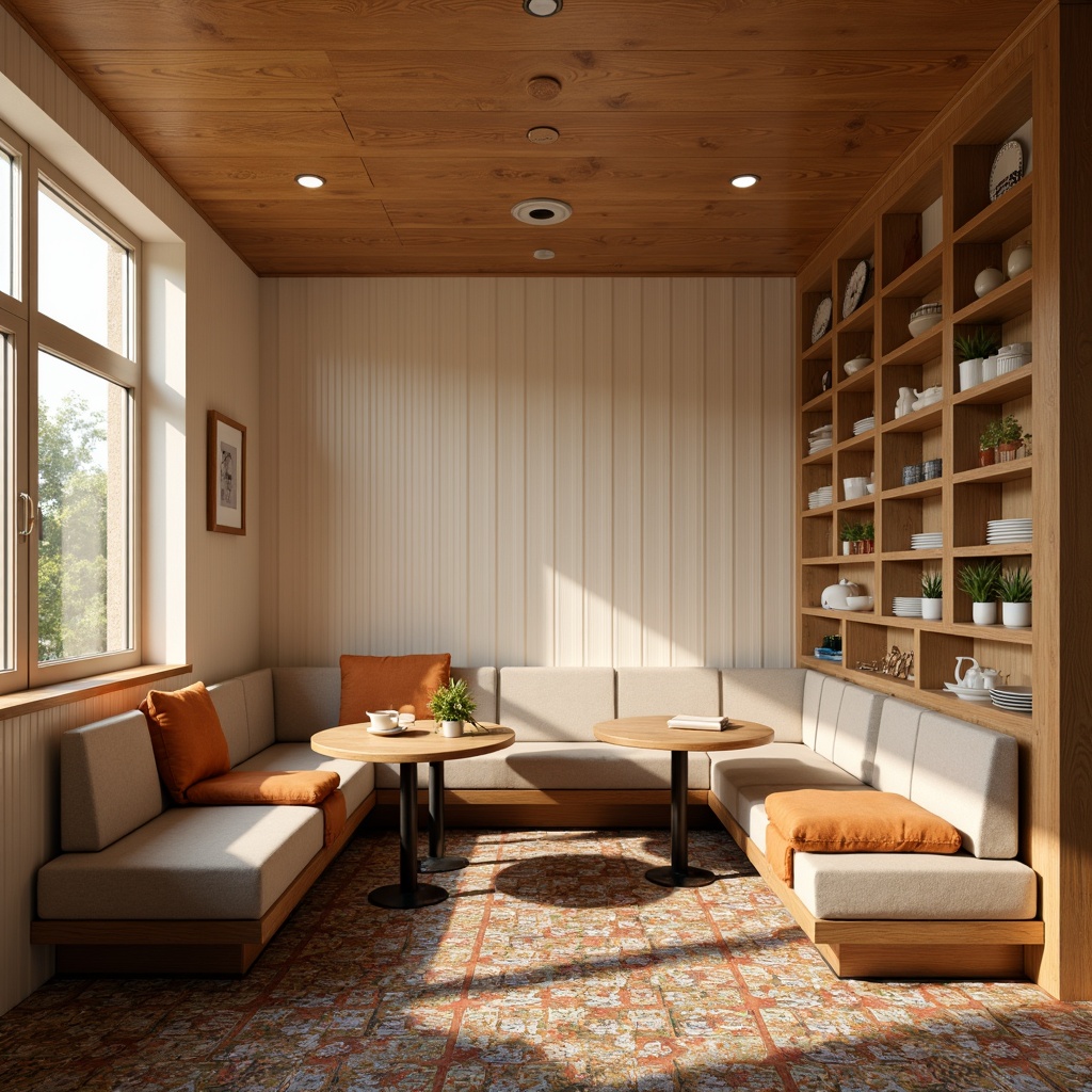 Prompt: Cozy breakfast nook, warm beige walls, natural wood tones, comfortable cushioned benches, soft morning light, rounded wooden tables, decorative metal legs, vibrant colorful ceramic tiles, built-in shelves, ample storage cabinets, modern minimalist design, subtle textures, realistic materials, shallow depth of field, 1/1 composition, intimate atmosphere, gentle warm lighting.