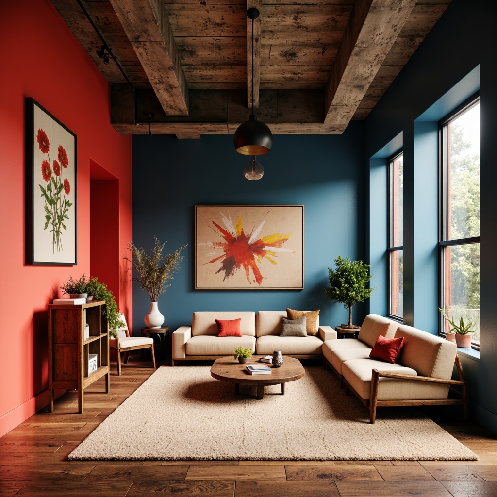 Prompt: Vibrant Bauhaus interior, primary color scheme, bold red accents, deep blue tones, neutral beige backgrounds, industrial metal fixtures, sleek wooden furniture, geometric patterns, abstract artwork, natural textiles, earthy terracotta floors, minimalist decor, functional simplicity, abundant natural light, soft warm glow, 1/1 composition, realistic textures, ambient occlusion.