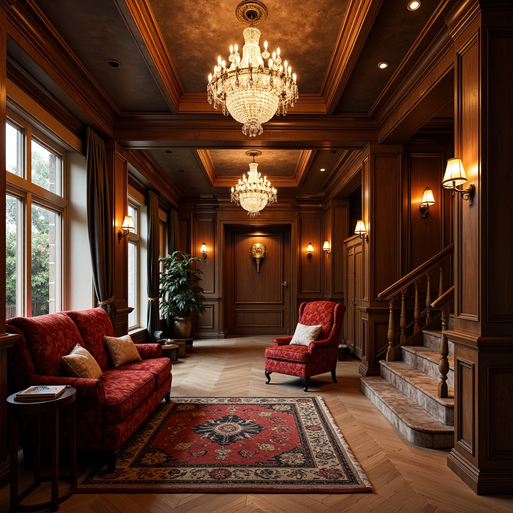 Prompt: Elegant basement interior, ornate furnishings, rich wood tones, velvet upholstery, crystal chandeliers, intricate carvings, classical columns, grand staircases, luxurious rugs, subtle wall sconces, warm golden lighting, 1/2 composition, atmospheric depth of field, soft focus effect, realistic textures, ambient occlusion.