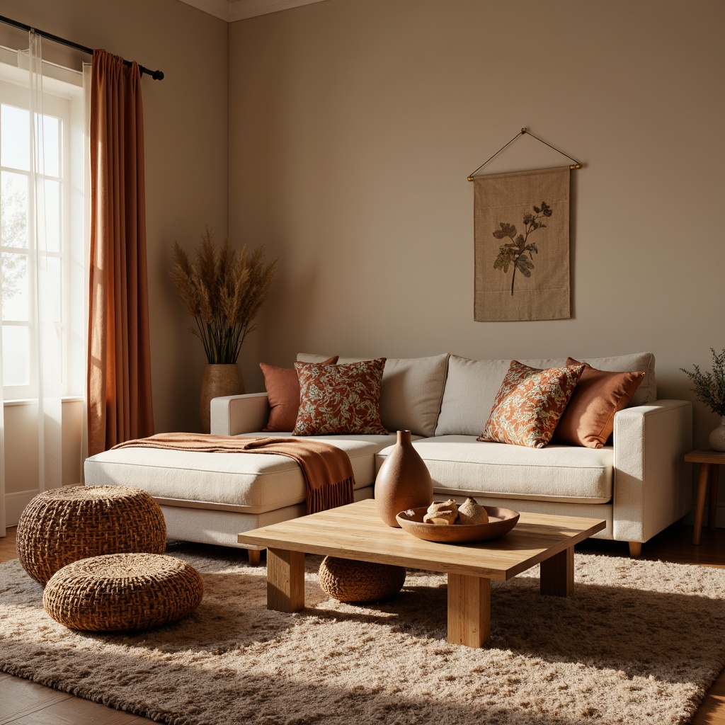 Prompt: Cozy living room, plush area rug, warm beige walls, comfortable couch, velvety soft pillows, natural wood coffee table, woven basket storage, earthy tone ceramic vases, richly patterned throw blankets, tactile fabric upholstery, inviting ambiance, softbox lighting, shallow depth of field, 2/3 composition, warm color palette, realistic textures.