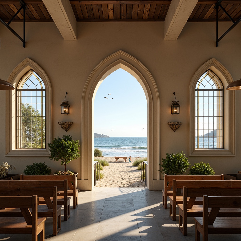 Prompt: Serene coastal landscape, sandy beach, gentle waves, seagulls flying overhead, rustic wooden pews, nautical-themed stained glass windows, driftwood accents, soft creamy whites, weathered stone exteriors, chapel-inspired architecture, vaulted ceilings, grand entranceways, ornate metalwork, warm beige tones, natural textiles, ambient ocean sounds, gentle sea breeze, morning sunlight streaming through, soft warm lighting, shallow depth of field, 1/1 composition, intimate atmosphere, realistic wood textures, subtle color grading.