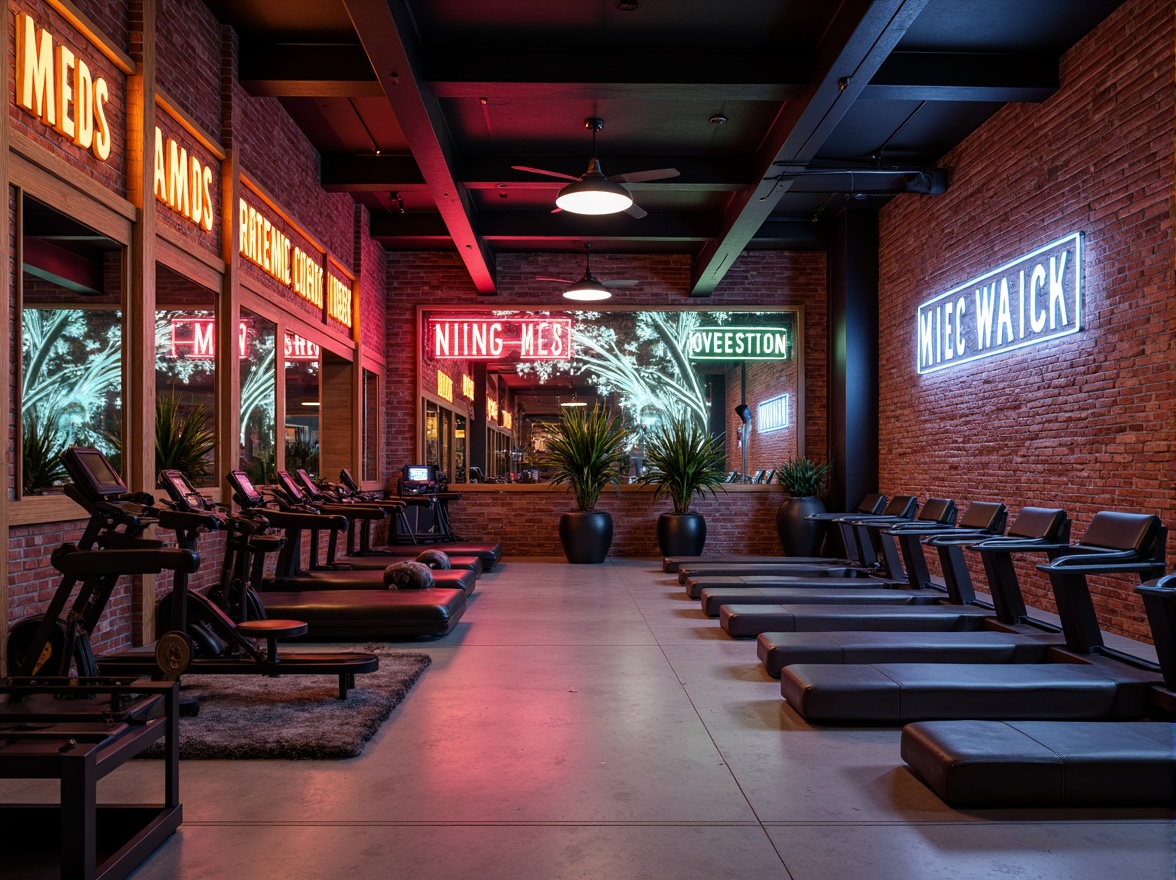 Prompt: Industrial chic fitness club, exposed brick walls, polished concrete floors, sleek metal equipment, rustic wooden accents, vibrant neon lights, dynamic mirrors, abstract geometric patterns, bold typography, modern minimalist decor, luxurious leather upholstery, high-gloss finishes, dramatic lighting contrasts, shallow depth of field, 3/4 composition, realistic textures, ambient occlusion.