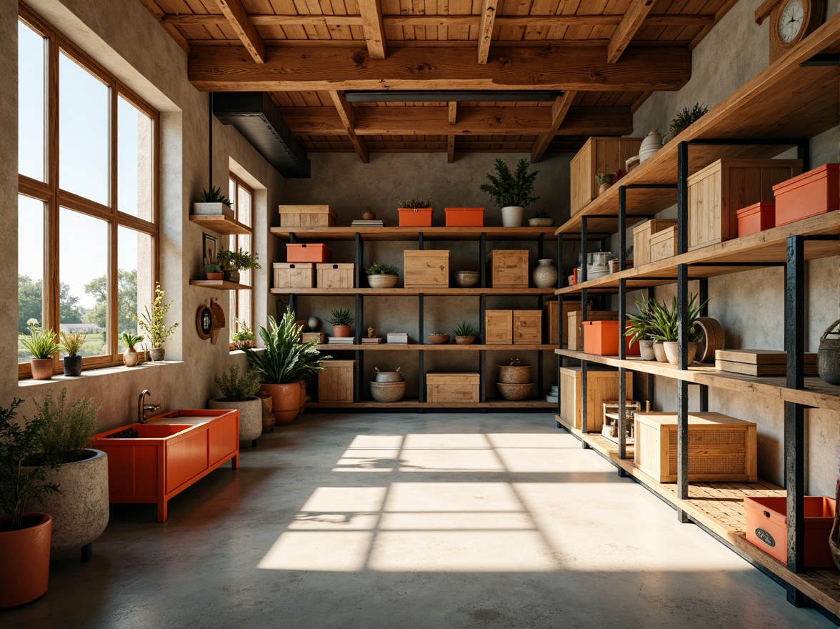 Prompt: Cozy storage room, warm beige walls, rich wooden shelves, industrial metal racks, soft cream flooring, natural stone accents, earthy tone crates, vibrant orange toolboxes, calming blue undertones, subtle grey textures, ample natural lighting, shallow depth of field, 1/1 composition, realistic reflections, ambient occlusion.