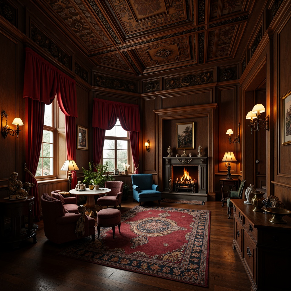 Prompt: Rich wooden tones, ornate details, lavish furnishings, dimly lit atmosphere, vintage accessories, intricate moldings, bold reds, deep blues, warm golden hues, luxurious fabrics, velvet drapes, patterned rugs, antique fixtures, distressed finishes, mysterious ambiance, soft warm lighting, shallow depth of field, 2/3 composition, cinematic view, realistic textures, ambient occlusion.