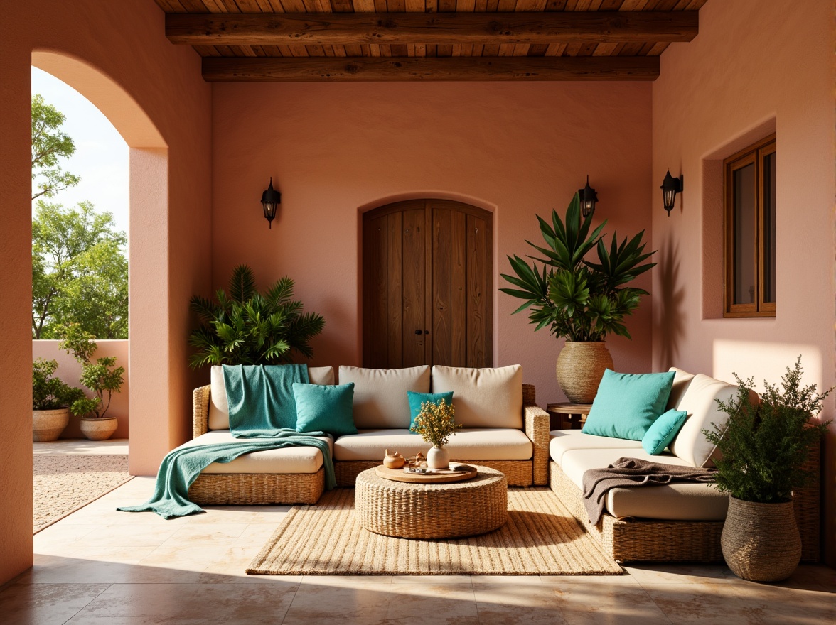 Prompt: Warm Mediterranean family room, earthy terracotta walls, soft creamy marble floors, plush velvety sofas, vibrant turquoise accents, natural woven wicker furniture, rustic wooden coffee tables, warm golden lighting, cozy throw blankets, lush green potted plants, sunny afternoon ambiance, shallow depth of field, 2/3 composition, realistic textures, ambient occlusion.