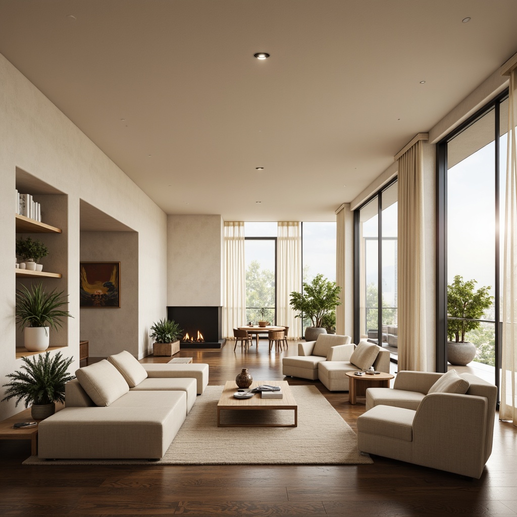 Prompt: Harmonious living room, minimalistic furniture, soft beige walls, dark wood flooring, cozy reading nook, floor-to-ceiling windows, natural light pouring in, subtle texture contrasts, 1/2 composition, shallow depth of field, warm and inviting atmosphere, balanced visual weights, functional zoning, efficient traffic flow, optimized circulation paths, comfortable seating arrangements.