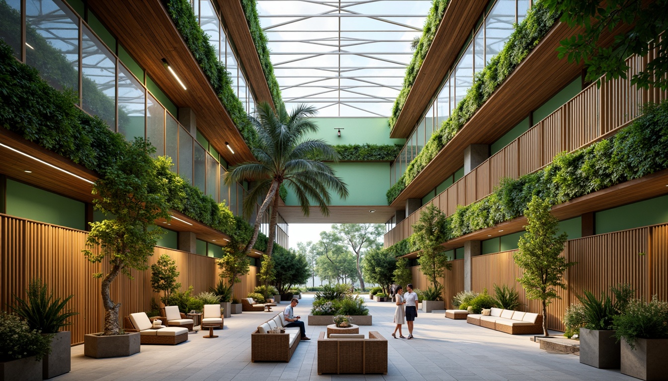 Prompt: Tropical public administration building, open-air atrium, natural ventilation systems, lush green walls, wooden accents, rattan furniture, vibrant color schemes, tropical plants, high ceilings, clerestory windows, skylights, warm lighting, ambient atmosphere, functional workspaces, collaborative zones, acoustic panels, ergonomic seating, minimal ornamentation, sustainable materials, energy-efficient systems, rainwater harvesting, solar shading devices, panoramic views, 3/4 composition, soft focus, realistic textures, atmospheric perspective.