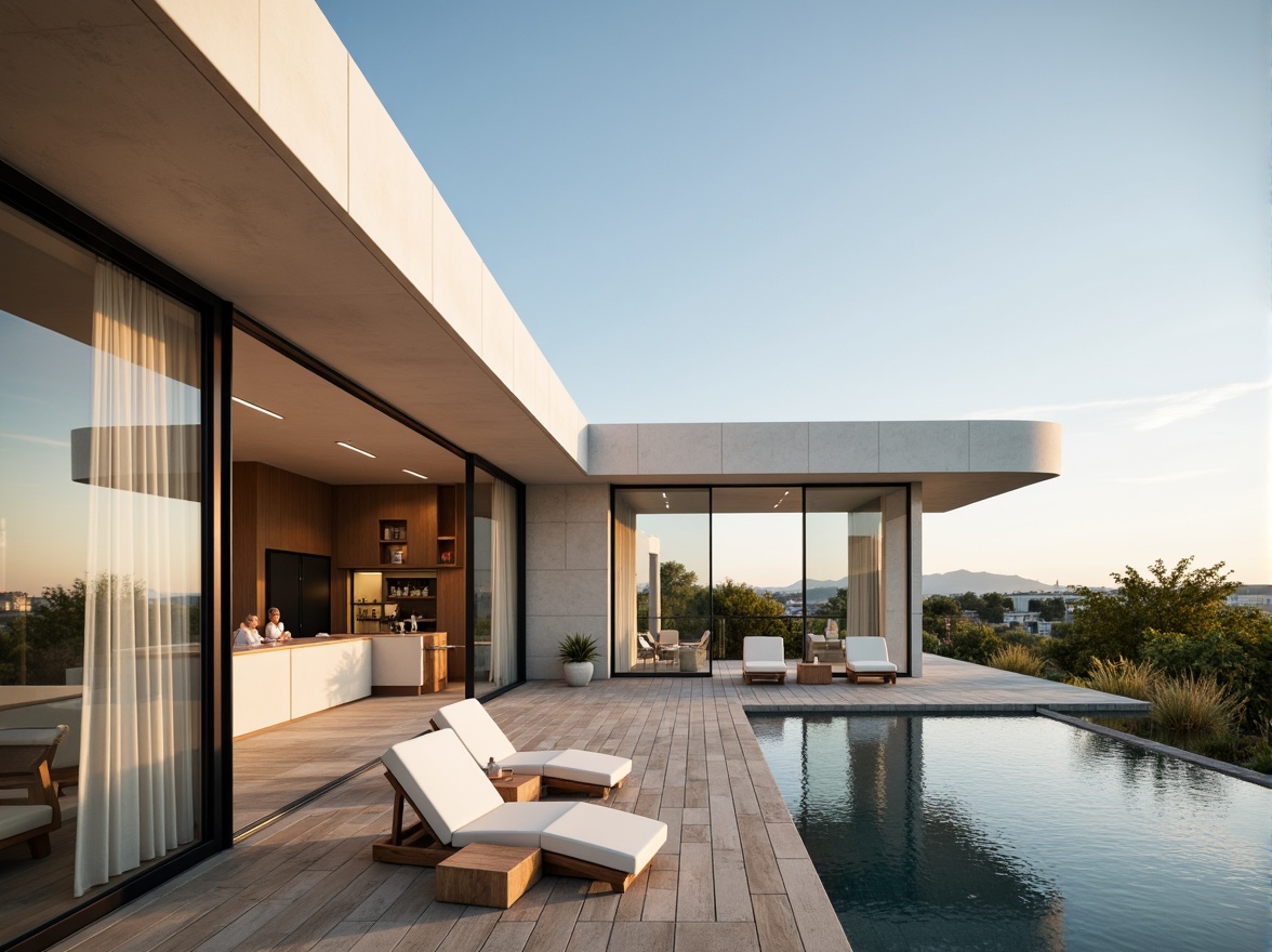 Prompt: Modern villa, sleek lines, minimalist design, large windows, sliding glass doors, open-plan living area, neutral color palette, creamy whites, soft grays, taupe tones, earthy browns, warm beige, natural stone accents, wooden flooring, subtle texture, ambient lighting, 3/4 composition, shallow depth of field, panoramic view.