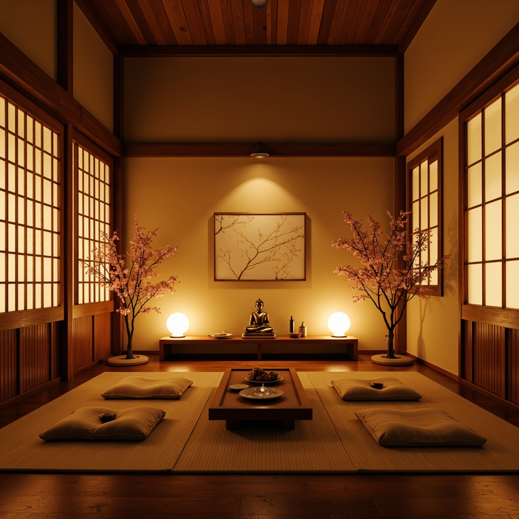 Prompt: Warm lanterns, soft paper lights, traditional Japanese shoji screens, natural wood accents, delicate cherry blossom patterns, serene Buddha statues, minimal ornamentation, subtle aromas, warm beige walls, polished wooden floors, sliding doors, floor cushions, low seating, gentle table lamps, cozy reading nooks, warm neutral colors, soft diffused lighting, 1/1 composition, intimate atmosphere, realistic wood textures, ambient occlusion.