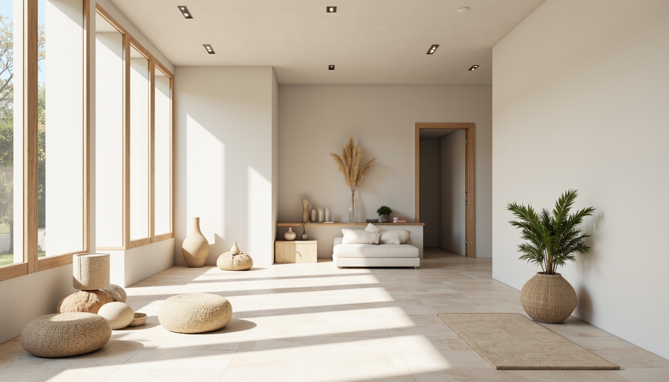 Prompt: Minimalist interior, monochromatic color scheme, soft whites, creamy beiges, pale grays, subtle wood tones, matte black accents, natural textiles, simple shapes, clean lines, empty spaces, abundant natural light, warm softbox lighting, shallow depth of field, 3/4 composition, realistic textures, ambient occlusion.