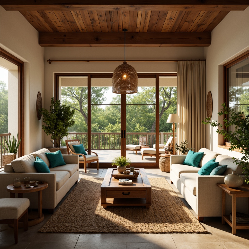 Prompt: Cozy family room, Mediterranean style furniture, warm beige walls, dark wood accents, plush sofas, vibrant turquoise throw pillows, rustic wooden coffee tables, woven wicker armchairs, natural fiber rugs, large windows, sliding glass doors, lush greenery views, sunny afternoon, soft warm lighting, shallow depth of field, 3/4 composition, panoramic view, realistic textures, ambient occlusion.