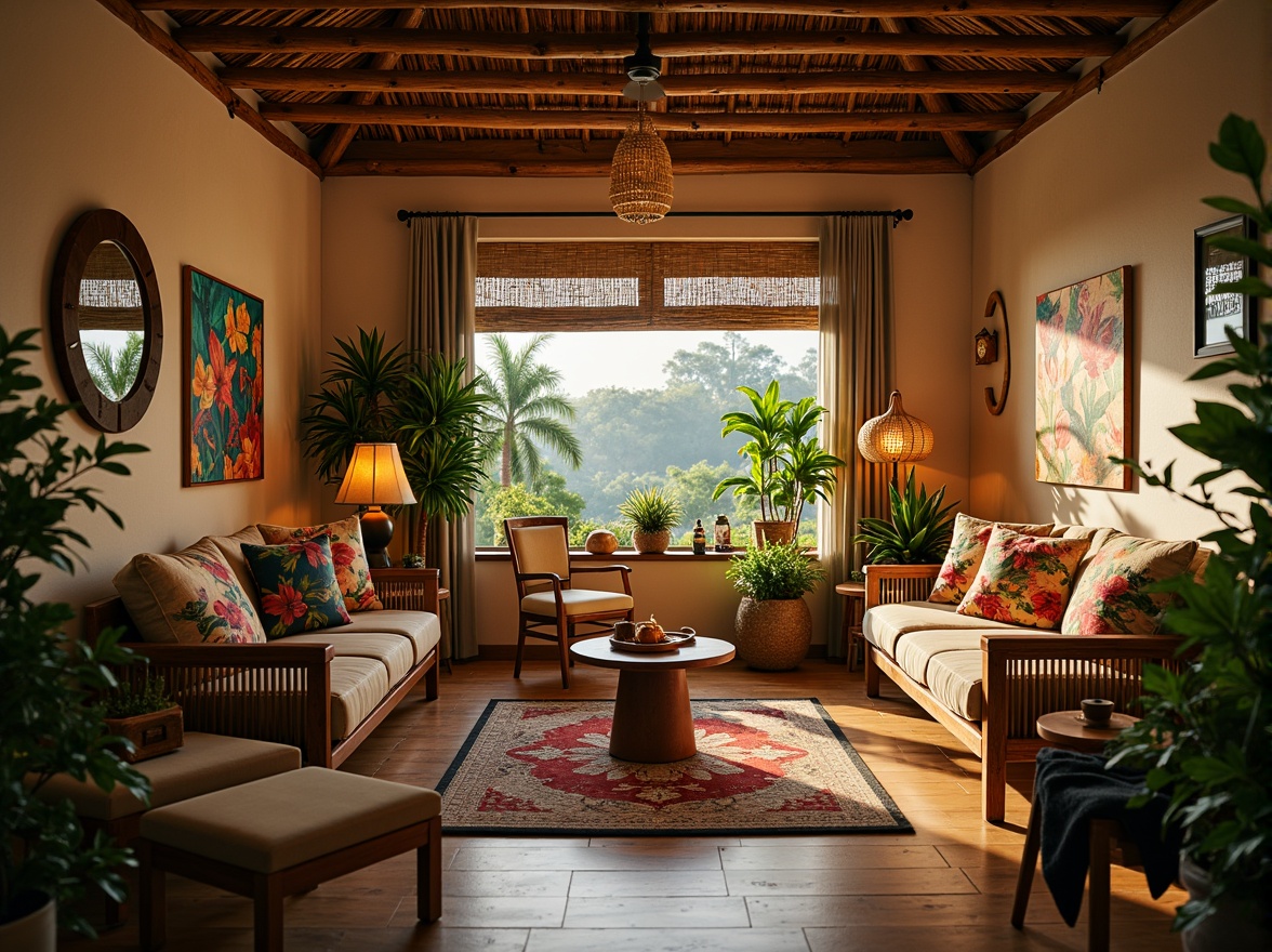 Prompt: Cozy tropical dorm room, warm wooden furniture, woven rattan accents, vibrant greenery, colorful floral patterns, soft warm lighting, pendant lamps, natural fiber textiles, woven bamboo shades, rustic driftwood decorations, earthy tone walls, palm tree silhouettes, ocean-inspired color palette, relaxed ambient atmosphere, shallow depth of field, 1/1 composition, realistic textures, subtle lens flare.