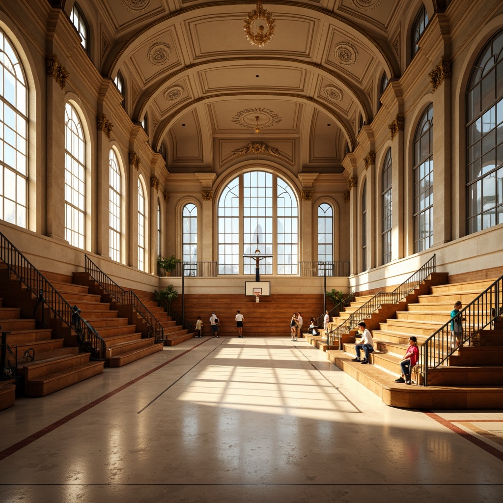 Prompt: Grand gymnasium, neoclassical architecture, ornate columns, arched windows, grandiose entrance, sweeping staircases, polished marble floors, intricate moldings, decorative pediments, ornamental cornices, athletic equipment, wooden bleachers, basketball hoops, volleyball nets, natural stone walls, high ceilings, large chandeliers, warm golden lighting, shallow depth of field, 1/1 composition, realistic textures, ambient occlusion.