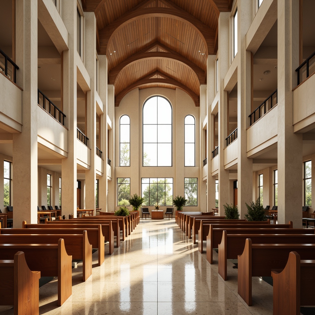 Prompt: Modern church interior, sleek wooden pews, polished marble floors, stained glass windows, vaulted ceilings, contemporary lighting fixtures, geometric patterns, minimalist decor, warm beige tones, subtle textures, reflective surfaces, acoustic panels, comfortable seating areas, open spaces, natural materials, eco-friendly solutions, soft warm lighting, shallow depth of field, 1/1 composition, realistic reflections.